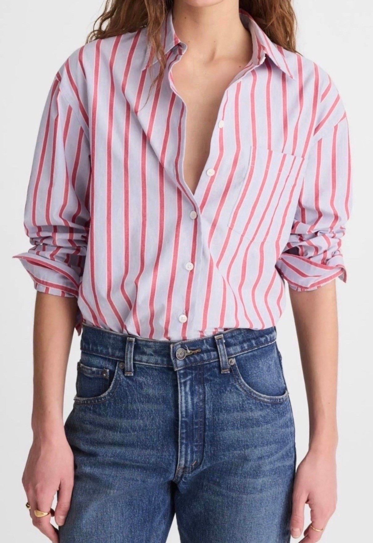 Stripe button down top
Jeans 

#LTKSeasonal #LTKdayinmylife