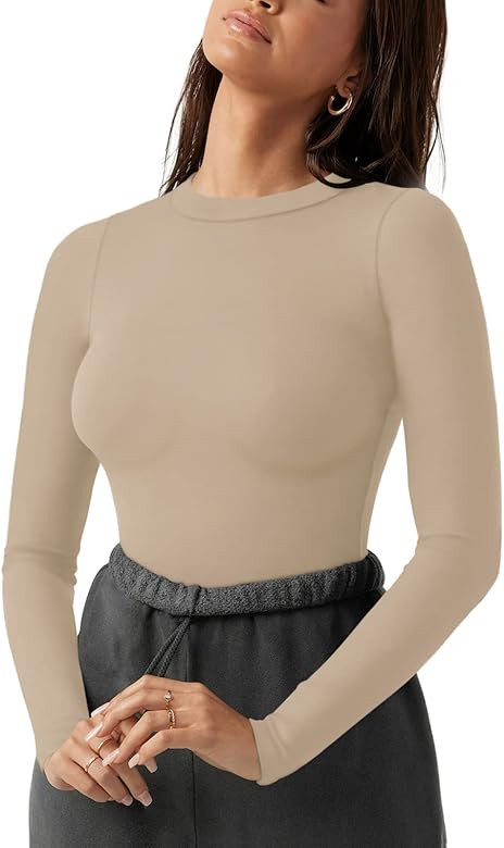 REORIA Women's Fashion Crew Neck Double Lined Long Sleeve T Shirts Bodysuits Tops Jumpsuit | Amazon (US)