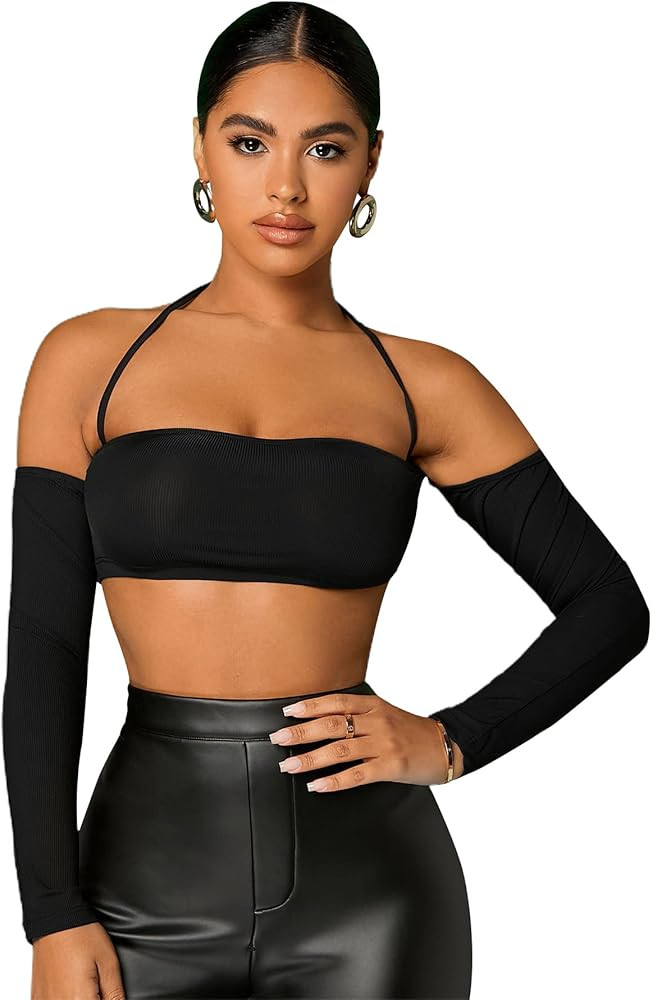 SheIn Women's Sexy Long Sleeve Crop Top Off Shoulder Halter Backless Solid Tee | Amazon (US)