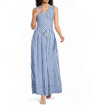 Stripe Print V-Neck Sleeveless A-Line Maxi Dress | Dillard's