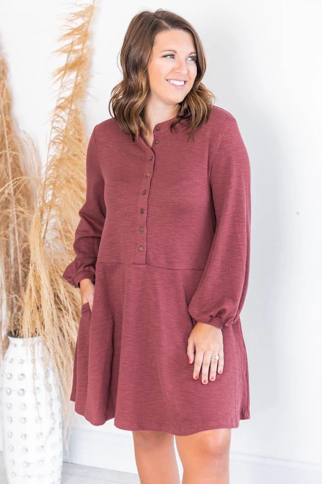 Lasting Daydream Brick Henley Babydoll Ribbed Dress | The Pink Lily Boutique