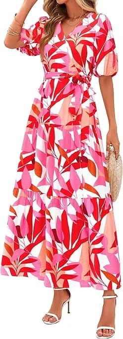 PRETTYGARDEN Women's Summer Maxi Dress Resort Wear Boho Floral V Neck Puff Short Sleeve Ruffle Fl... | Walmart (US)