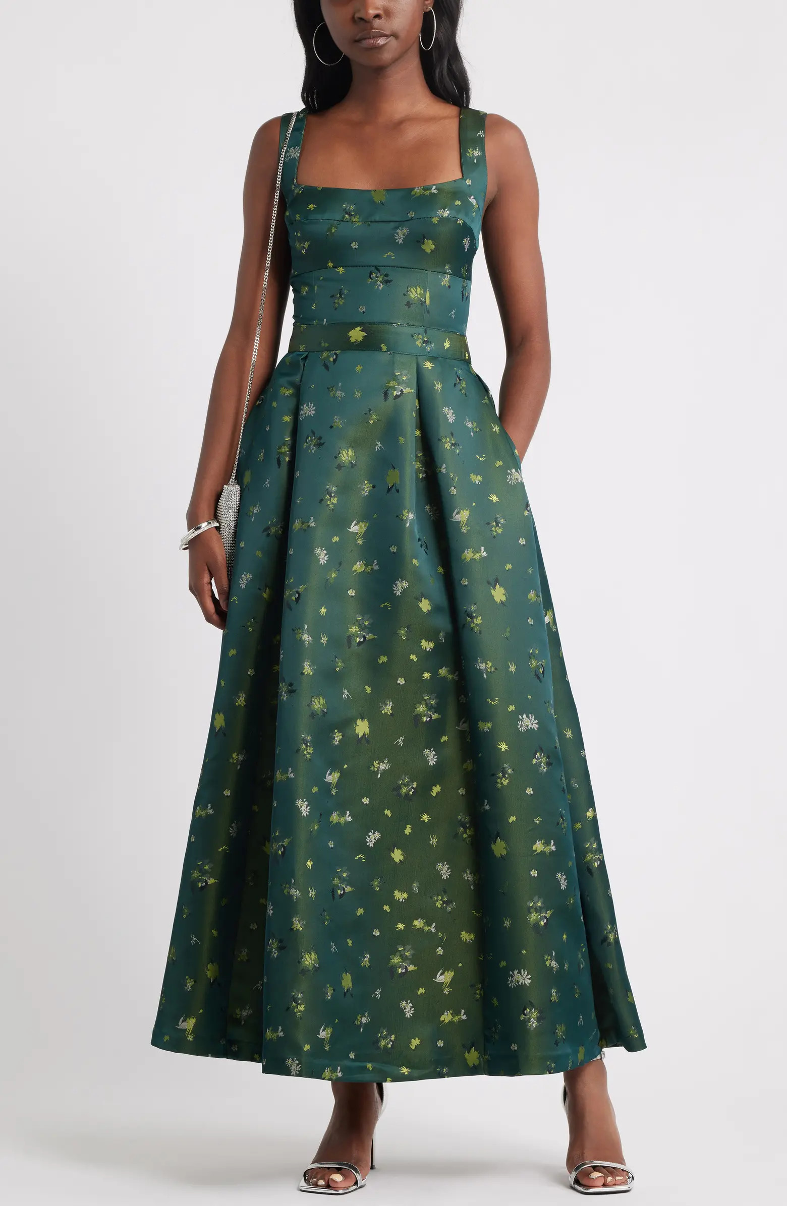 Pleated Seamed Bodice Jacquard Maxi Cocktail Dress | Nordstrom