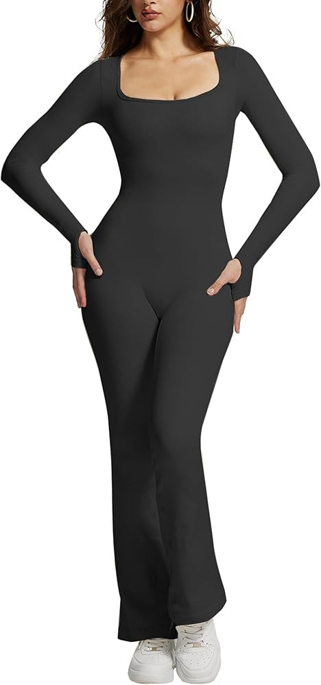 OEAK Ribbed Flare Jumpsuit for Women 2024 Long Sleeve Unitard Square Neck One Piece Workout Outfi... | Amazon (US)