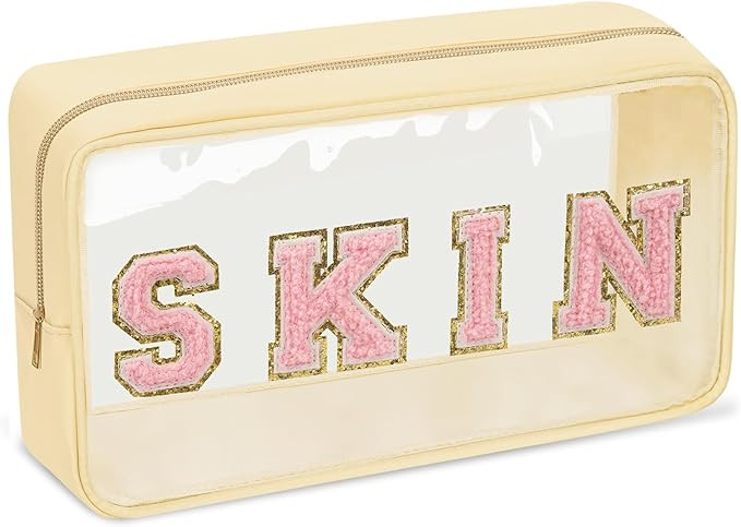 Iqimott Clear Patch Makeup Bag Skin Pouch, Preppy Personalized Chenille Letter Cosmetic Pouch for... | Amazon (US)