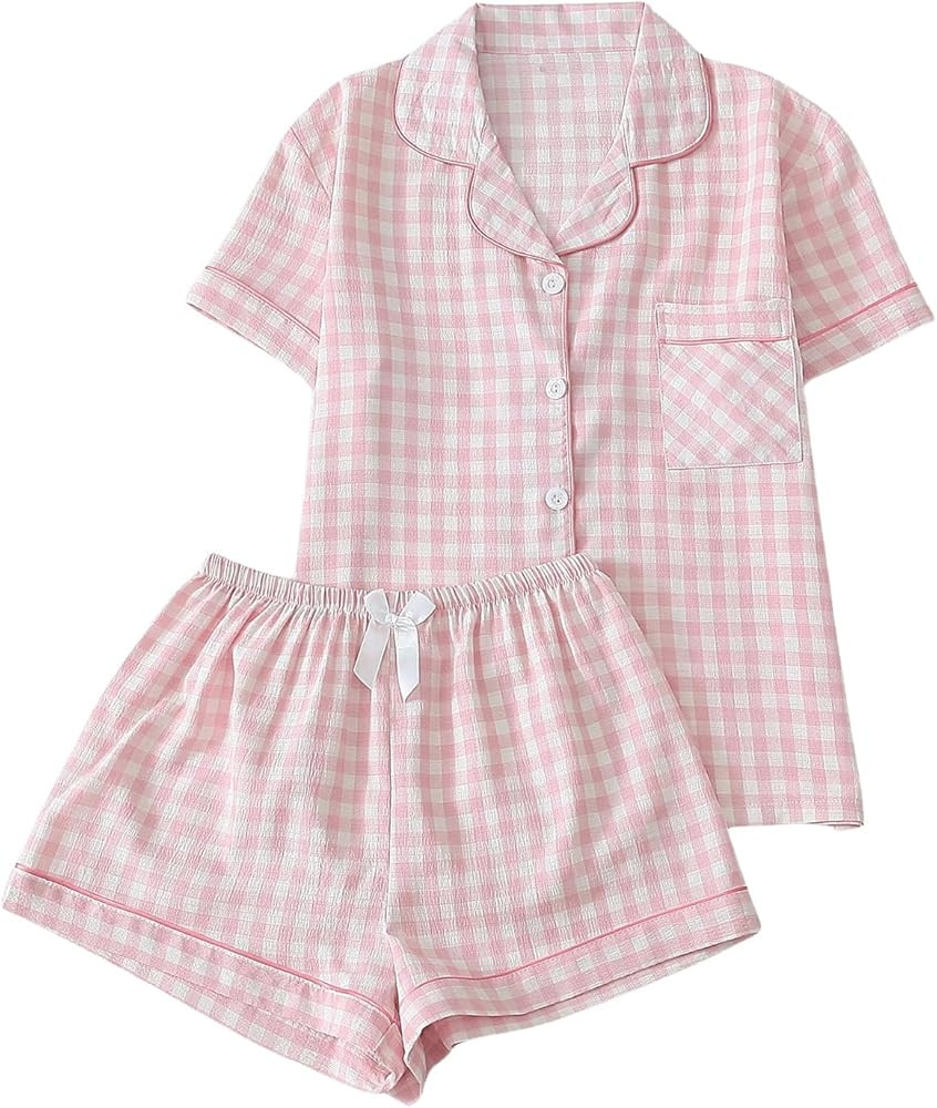 Verdusa Women's Plaid 2 Piece Cute Pajama Sets Short Sleeve Button Down Shirts with Shorts Lounge... | Amazon (US)