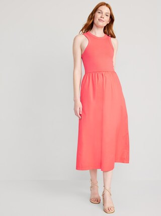 Fit & Flare High-Neck Combination Midi Dress for Women | Old Navy (CA)
