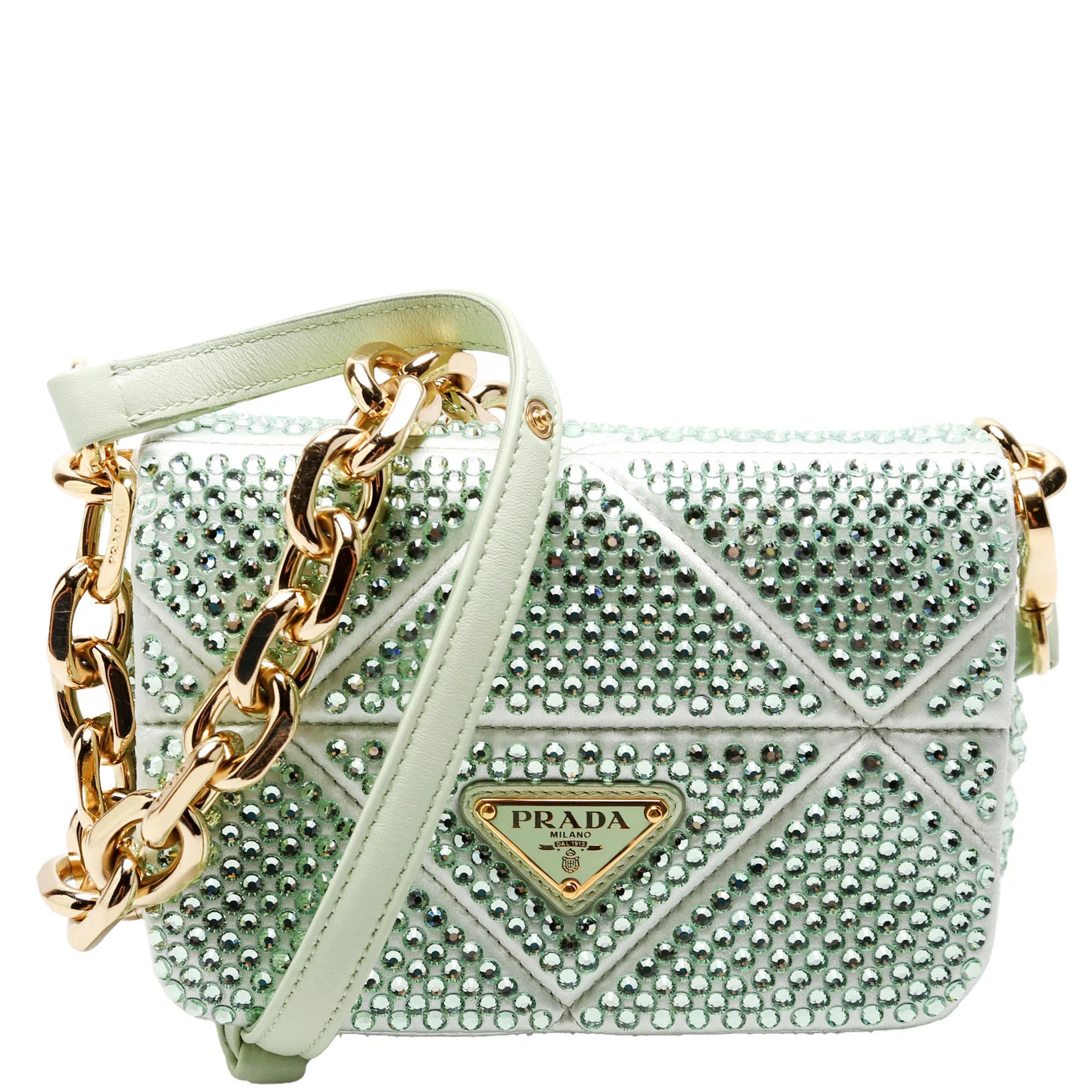 Triangle Logo Crystal Shoulder Bag Green | Keeks Designer Handbags