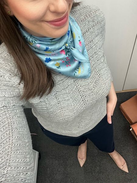 Spring workwear, office style, office outfit, gray sweater, silk scarf, work pants, comfortable work pants, nude flats, ballet flats, sling backs, spring shoes, business casual, law firm

#LTKSeasonal #LTKfindsunder100 #LTKworkwear