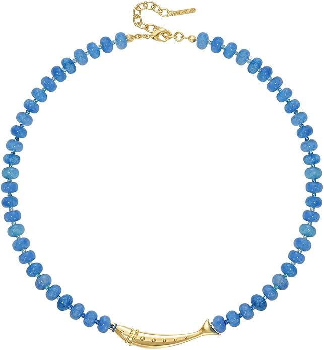 KissYan Beaded Gemstone Necklace for Women, 14K Gold Plated Fish Charm Blue Bead Choker, Natural ... | Amazon (US)
