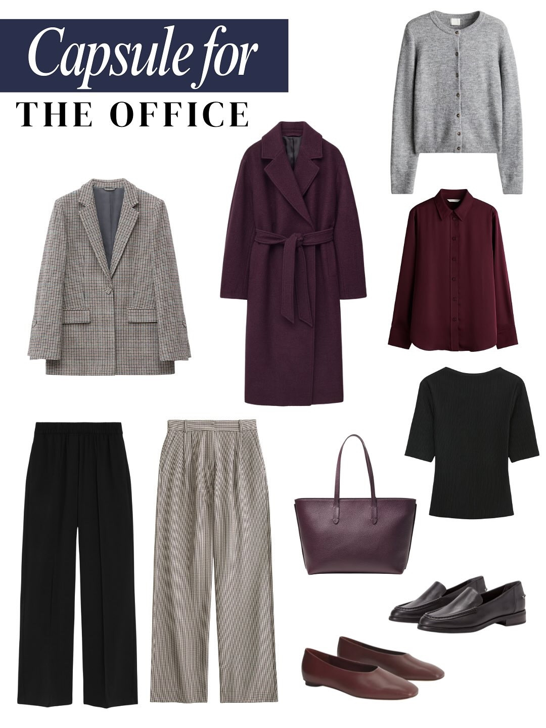 💼 Autumn Capsule Wardrobe for The Office

Item 1 - Plum/Burgundy Wool Wrap Coat 
Item 2 - Grey Plaid Relaxed Blazer 
Item 3 - Black Wide-Leg Trousers 
Item 4 - Neutral Plaid Wide-Leg Trousers
Item 5 - Black Ribbed Knit Top 
Item 6 - Burgundy Silk/Satin Button-Up Shirt 
Item 7 - Grey Crew-Neck Cardigan
Item 8 - Plum/Burgundy Leather Tote Bag 
Item 9 - Black Leather Loafers 
Item 10 - Burgundy Leather Flats 

The models shown wearing these looks are AI-generated. Items linked in my bio.

#OfficeStyle #WorkwearCapsule #AutumnWorkwear #CapsuleWardrobe #OfficeFashion #ChicWorkStyle #Plum #TailoredTrousers #AIFashion #styleinspo