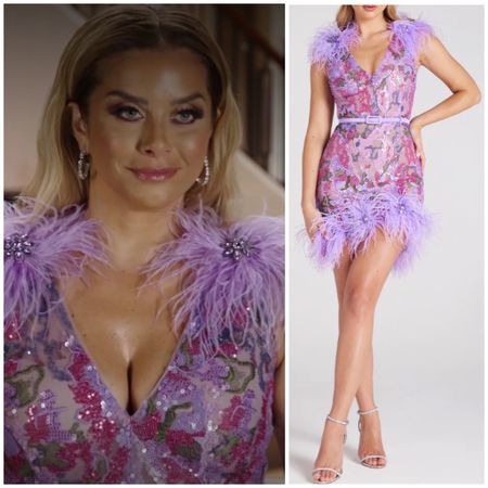Robyn Dixon’s Purple Sequin Floral and Feather Confessional Dress is by Nadine Merabi