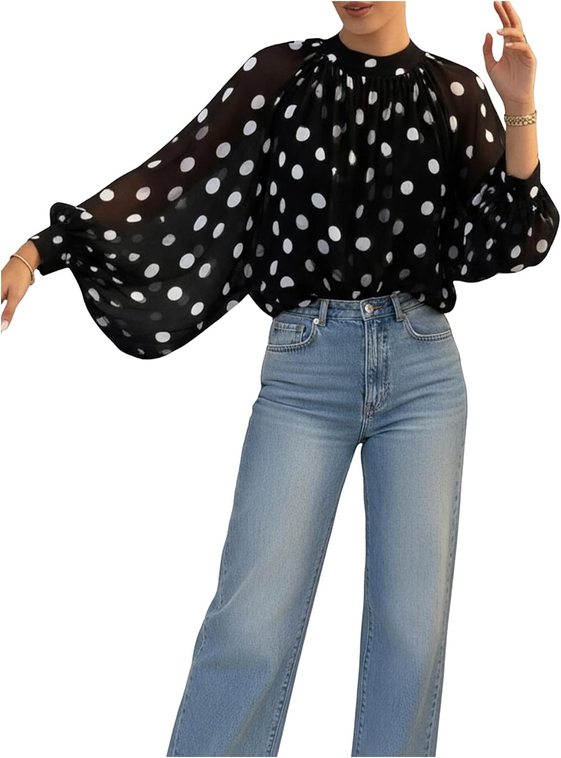 Floerns Women's Polka Dots Bishop Sleeve Shirts Tie Neck Mesh Blouse Tops | Amazon (US)