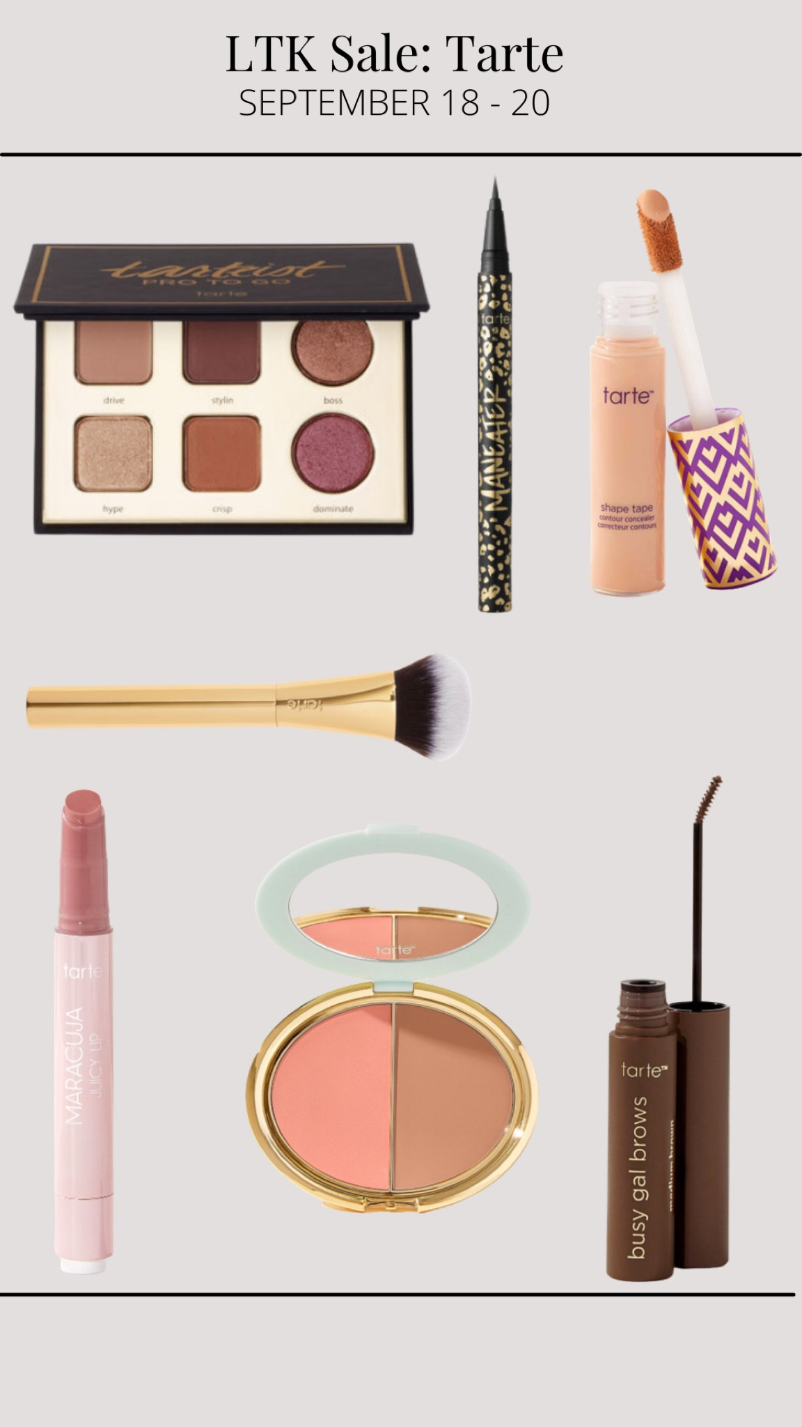 25% off sitewide plus free shipping on Tarte products on the LTK app from 9/18-9/20! Here’s my picks! #competition 

#LTKSale #LTKSeasonal #LTKsalealert