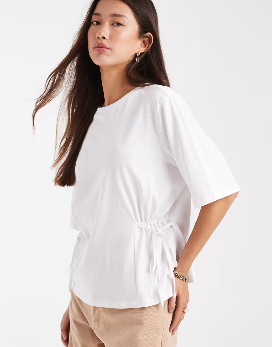 ASOS DESIGN tie waisted detail short sleeve top in white | ASOS (Global)
