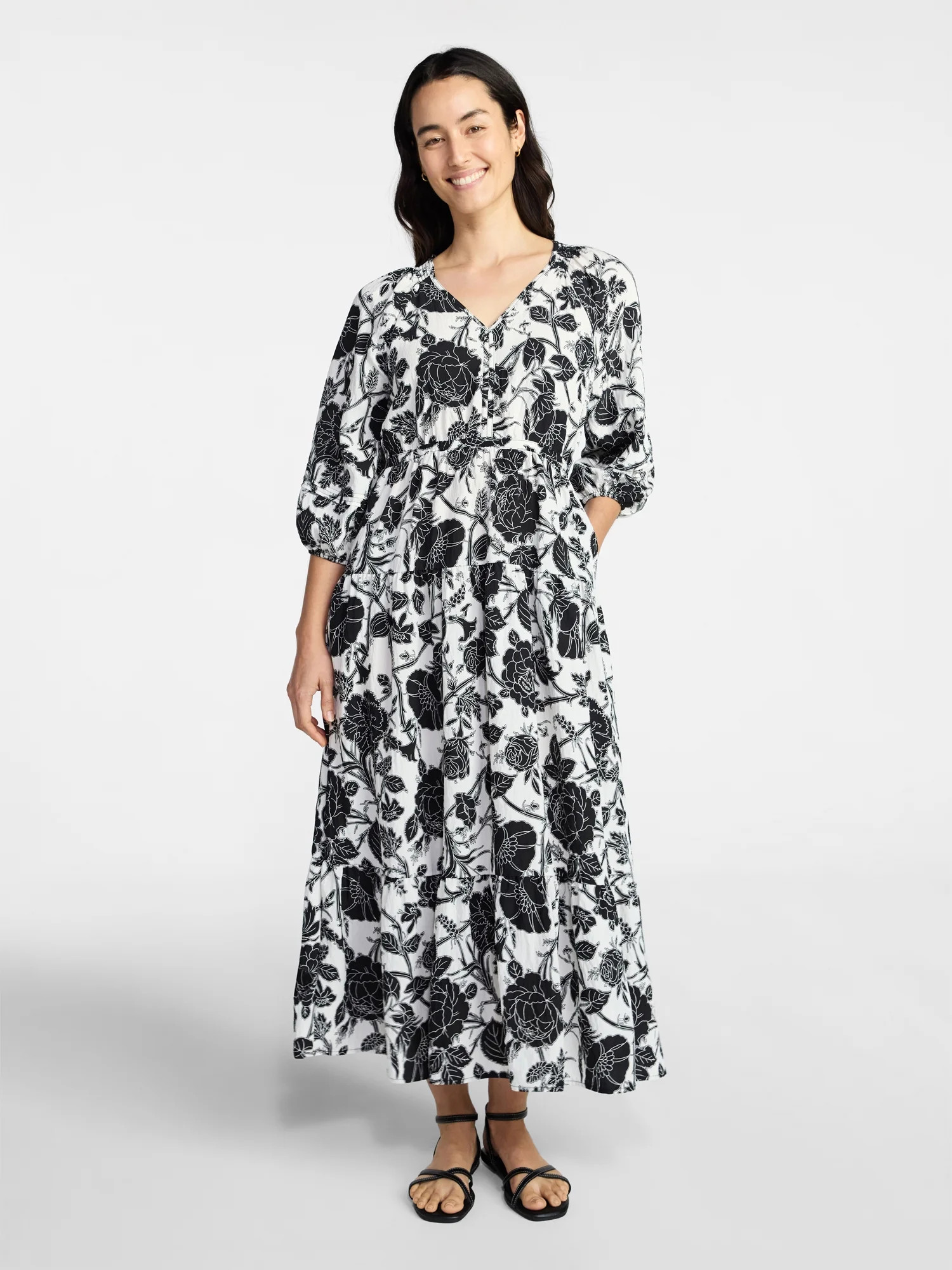 Time and Tru Women's V-Neck Maxi Dress with ¾-Length Sleeves, Sizes XS-XXXL | Walmart (US)