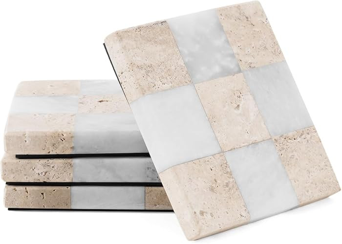 Marble Coasters Set of 4, Travertine & White Matt Handmade 4 inch Square Checkered Stone Coaster,... | Amazon (US)