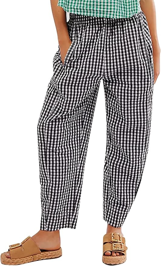 Women's Plaid Pant Gingham Lounge Pants Wide Leg Mid Rise Elastic Waist Checkered Long Trousers w... | Amazon (US)