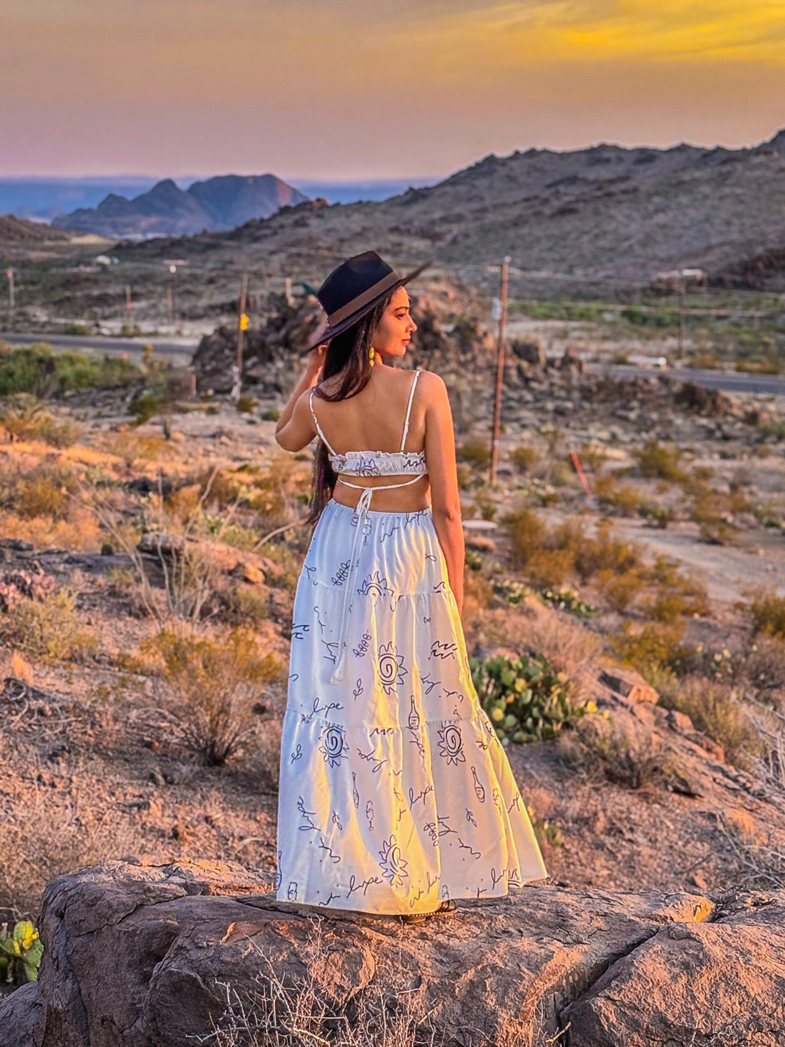 Sunset vibes in a pretty white dress

Summer outfit,, desert outfit, white dress, backless dress , printed dress, maxi dress, abstract print, tie back dress, , black fedora, outfit inspiration, ootd

#LTKtravel #LTKstyletip #LTKSeasonal