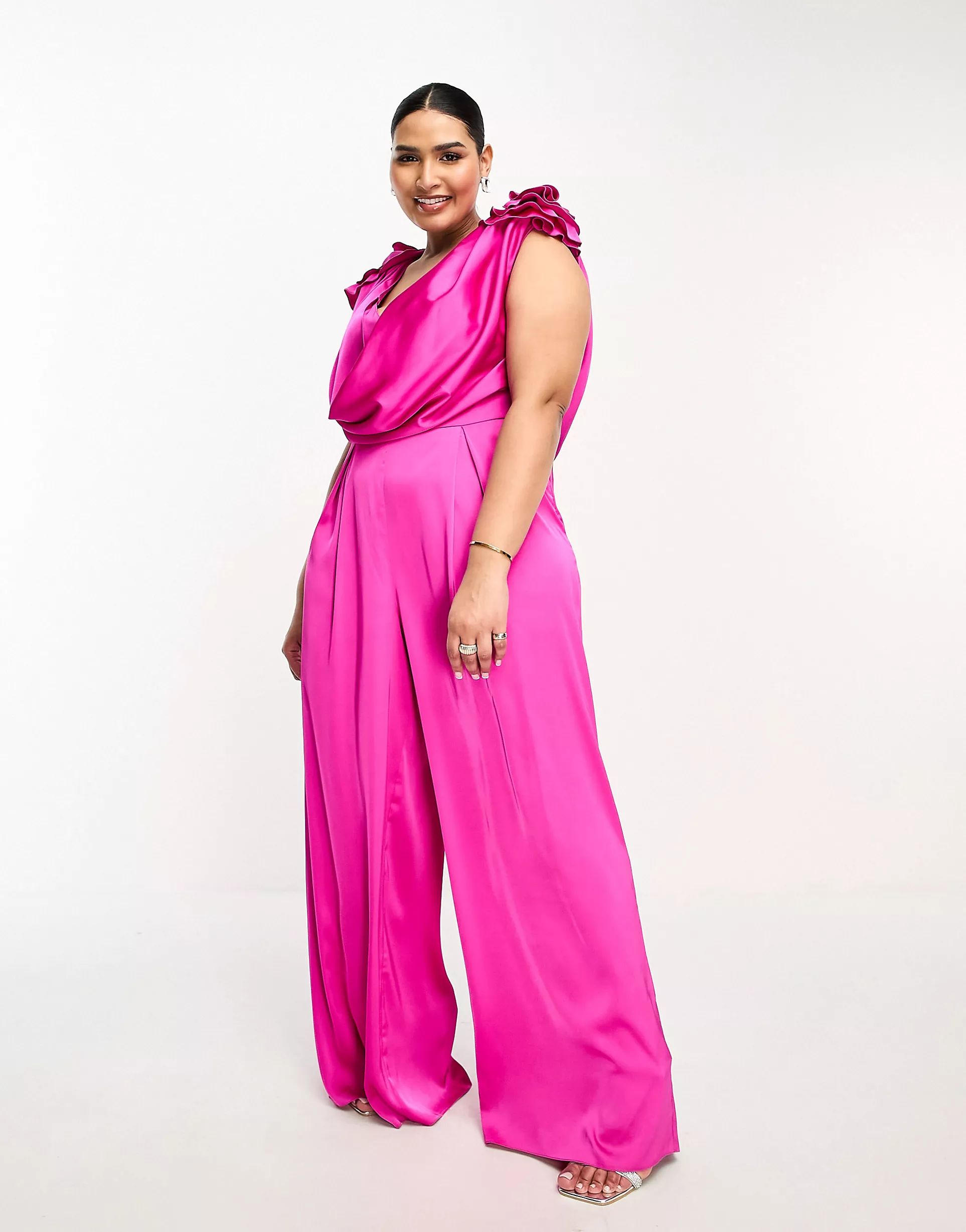 ASOS LUXE Curve satin corsage plunge neck wide leg jumpsuit in pink | ASOS (Global)