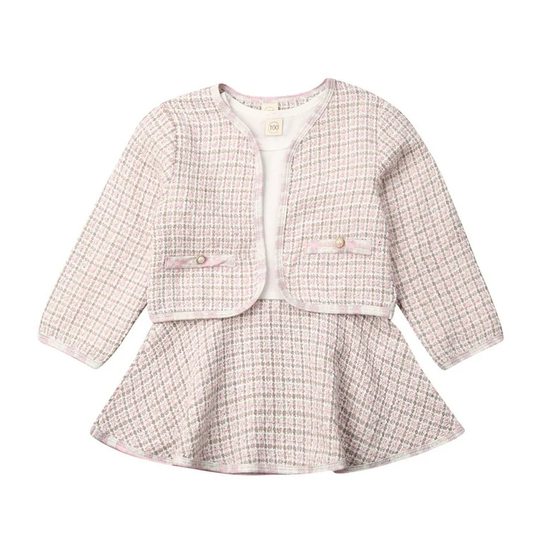 Toddler Baby Girl Fall Clothes Long Sleeve Patchwork Dress + Plaid Coat Outfit | Walmart (US)