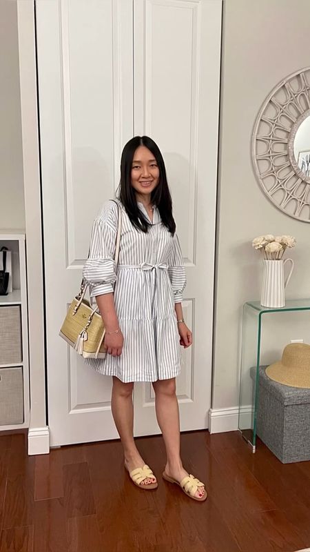 Love this striped shirtdress. I took size XS. I'm 5' 2.5" and currently 118 pounds. I also linked to the micro stitch tool I used to keep the sleeves cuffed.

Straw bag I punched extra holes in the crossbody strap since I'm petite.

Straw sandals (I decided to go up half a size for extra length)

#LTKunder100 #LTKunder50 #LTKworkwear