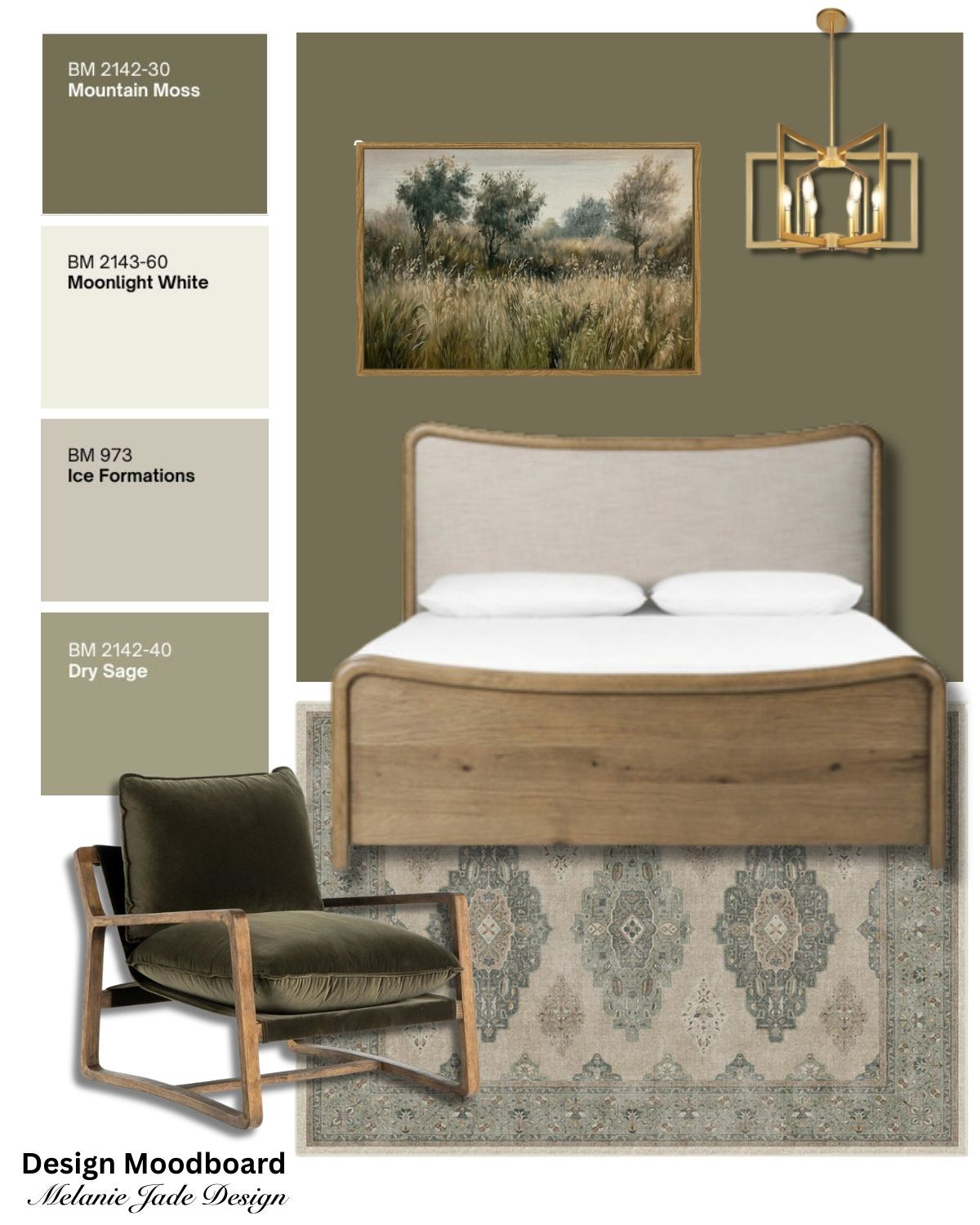 If you love a warm green, like this Benjamin Moore Mountain Moss, then this is the bedroom for you! Use Mountain Moss on all the walls if you want a cocooning room and lighten it with wood furniture and rugs  

 #LTKhome #LTKstyletip