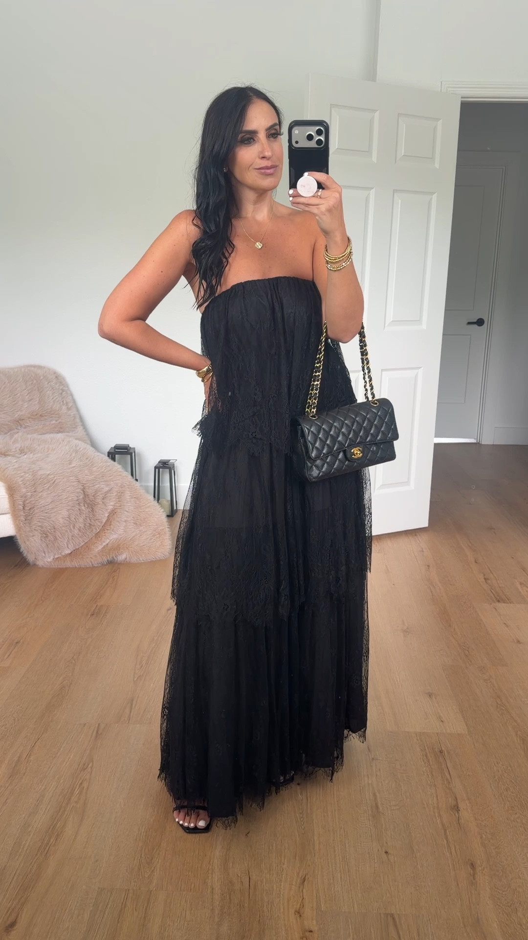 Petal & Pup Bloom Strapless Maxi Dress Black Lace wearing size small