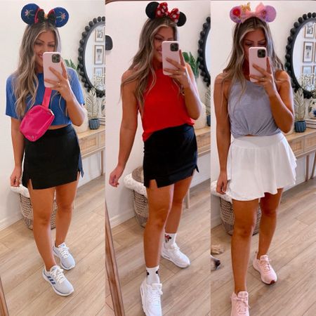 Disney outfits part 2! For spring break and summer. I’m wearing my true small in everything except the red flowy shorts with the ruffle — I sized up one in the shorts!! ‼️🚨the pink tank and white tank are the exact same  - one of my faves. Super lightweight for workouts and Disney and cute side knots!

Spring break
Florida style
Mom OOTD
Disney outfit
Travel outfit
Activewear
Athleisure 
Spring outfits 
Comfy outfits 
#LTKstyletip