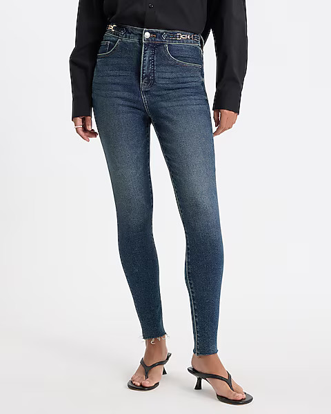 High Waisted Dark Wash Horsebit Hyper Sculpt Skinny Jeans | Express