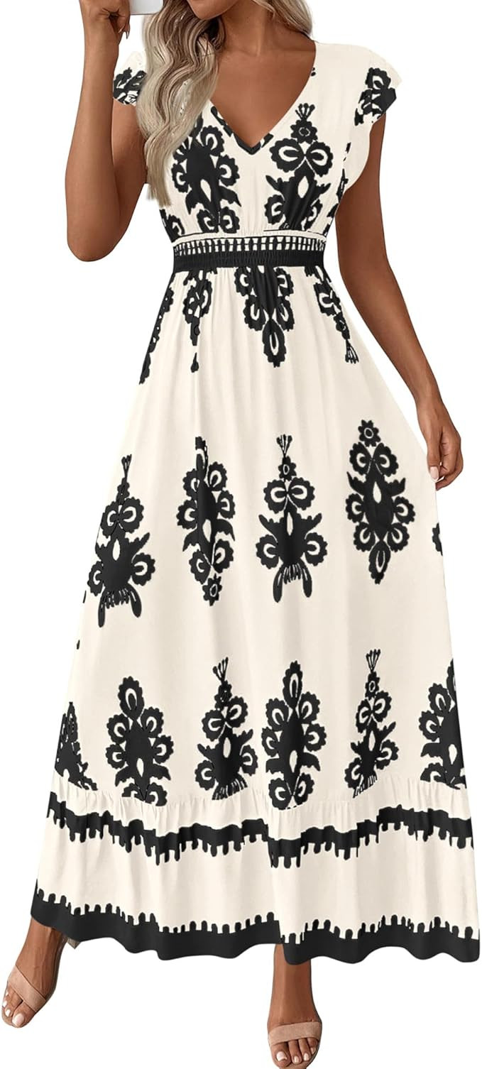 BTFBM Summer Dresses for Women Beach Fashion Floral Short Sleeve V Neck Boho Long Wedding Guest M... | Amazon (US)