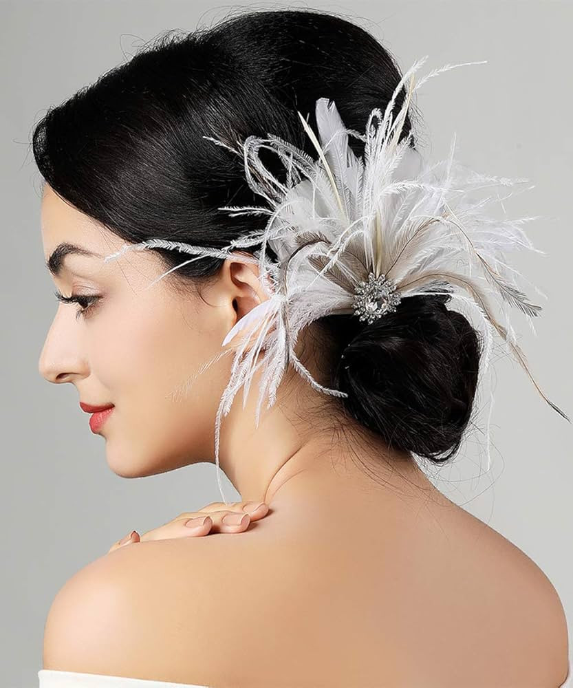 Bridal 1920s Flapper Feather Hair Clip Pin Crystal White Feather Roaring 20s Headpiece Prom Party... | Amazon (US)