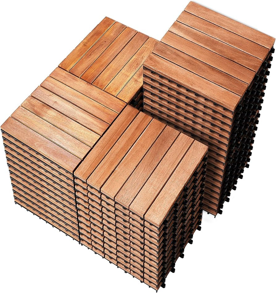 PrimeZone 54 PCS Solid Acacia Wood Interlocking Patio Deck Tiles - 12" x 12" Indoor Outdoor Water... | Amazon (US)