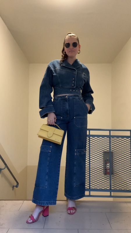 CULT GAIA Georgia cutout denim jacket, Wynn high-rise wide-leg cargo jeans, matching set, co-ord, jeans, denim set, fall / winter, spring / summer, gucci hot pink marmont sandals heels, Jacquemus Le Grand Bambino crossbody bag, yellow designer purse, gold jewelry from Amazon (hoop earrings, rings), rayban sunglasses, chunky gold medium hoop earrings

#LTKstyletip #LTKfindsunder50 #LTKfindsunder100