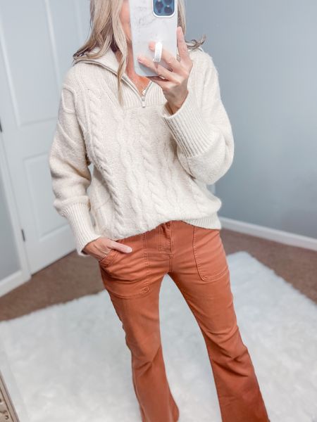 Rust color flare jeans are such a great fall color! 
Soft Cable knit sweater wearing a small 
Casual Thanksgiving outfit idea 
Target sweater
Target jeans 
#fallfashion #targetstyle 



#LTKSeasonal #LTKHoliday #LTKunder50