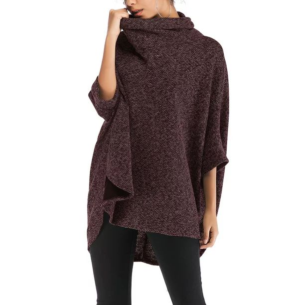 SAYFUT Turtleneck Poncho Sweater for Women Shawls Capes Irregular Hem Fringed Striped Pullover Wr... | Walmart (US)