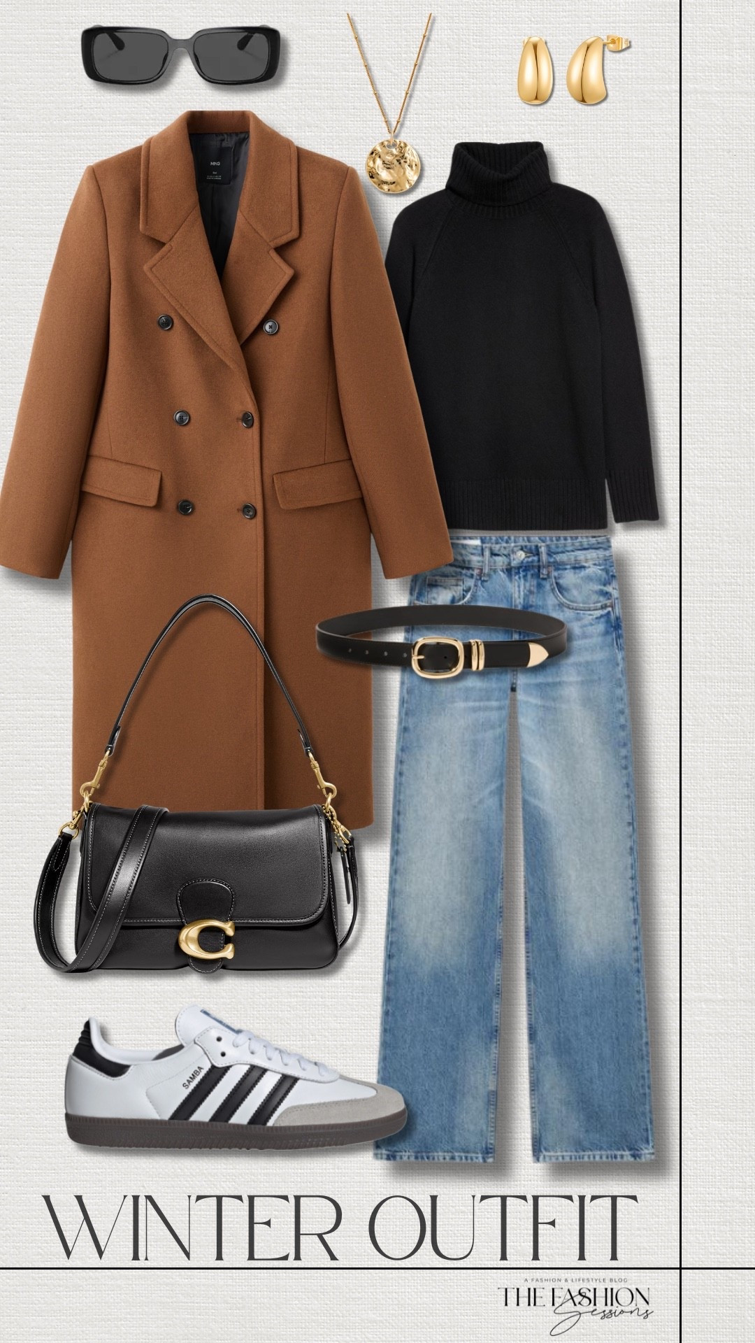 Warm and stylish winter outfit inspo.
double-breasted wool coat | turtleneck sweater | wide leg jeans | Adidas Samba Sneaker | Coach shoulder bag | black leather belt | gold pendant necklace | gold teardrop earrings | Coach sunglasses | winter outfit | casual outfit


#LTKSeasonal #LTKootd