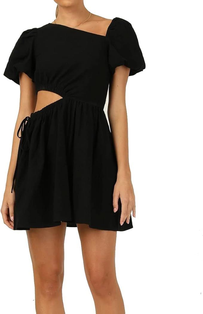 AEL Women's Square Neck Cut Out Mini Dress Short Puff Sleeve Summer Casual Solid Swing Flared Sun... | Amazon (US)