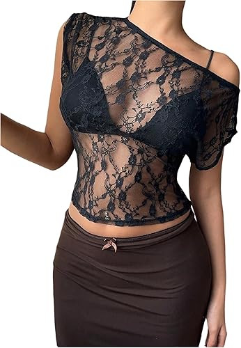 MakeMeChic Women's Y2k Night Out Sheer Lace Top Off The Shoulder Short Sleeve Crop Tops | Amazon (US)
