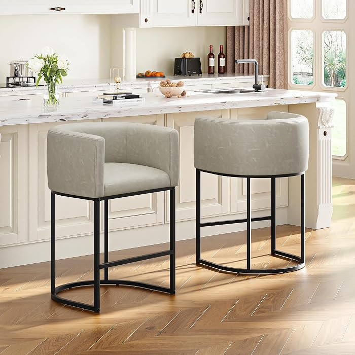 26" H Counter Height Bar Stools Set of 2, Modern Barrel Counter Stools with Backrest and Arms, Fa... | Amazon (US)