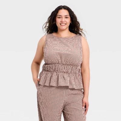 Women's Seersucker Peplum Top - A New Day™ Brown Gingham 4X | Target
