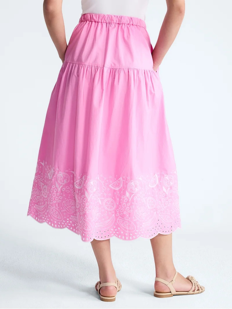 Free Assembly Women's Tie Waist Embroidered Cotton Midi Skirt, Sizes XS-XXL | Walmart (US)