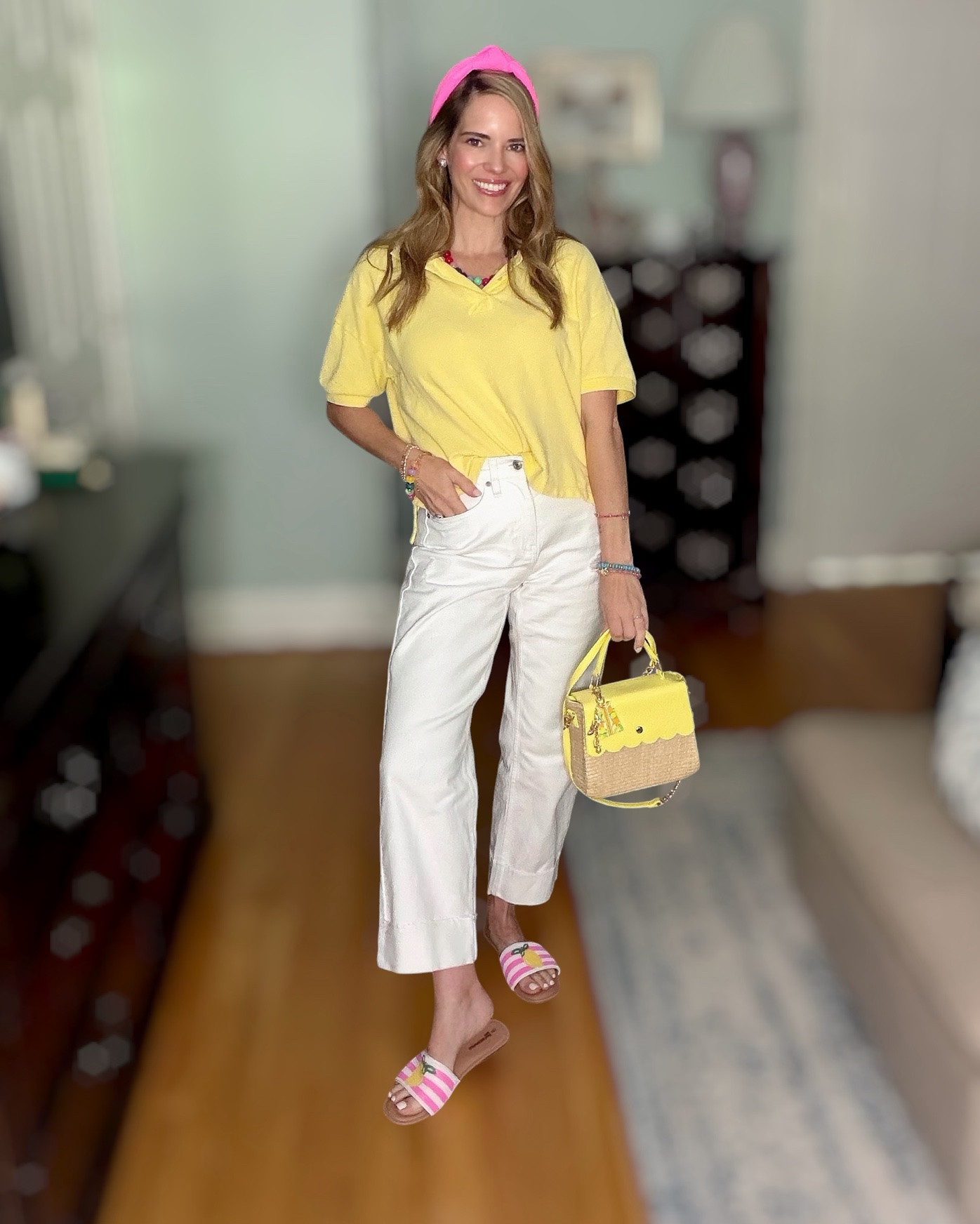 Sunshine & Pink Summer Style ☀️💗

This cheerful yellow-and-pink combo is giving all the happy summer vibes! I paired a soft yellow top with crisp white cropped pants and the cutest pink accessories for a bright, polished look that feels effortless and fun. 🌸✨

The woven handbag with scalloped details adds the perfect seasonal touch, while the colorful beaded jewelry and pink headband bring in a playful pop of color. Finished with striped sandals, this outfit is ideal for brunch, vacation, shopping days, summer events, or simply brightening up an everyday look. 🍋🩷

If you love colorful classics with a preppy twist, this outfit is such a fun way to mix sunshine yellow, crisp whites, and vibrant pink accents for a look that feels fresh all season long. ☀️🎀

Summer outfit inspiration, yellow and pink outfit, colorful preppy style, woven handbag, white cropped pants, resort wear outfit, vacation style, brunch outfit, colorful accessories, beaded jewelry trend, pink headband outfit, chic summer fashion, classic summer style, women over 40 fashion. 💗🍋🌴✨

#LTKOver40 #LTKPetite #LTKootd