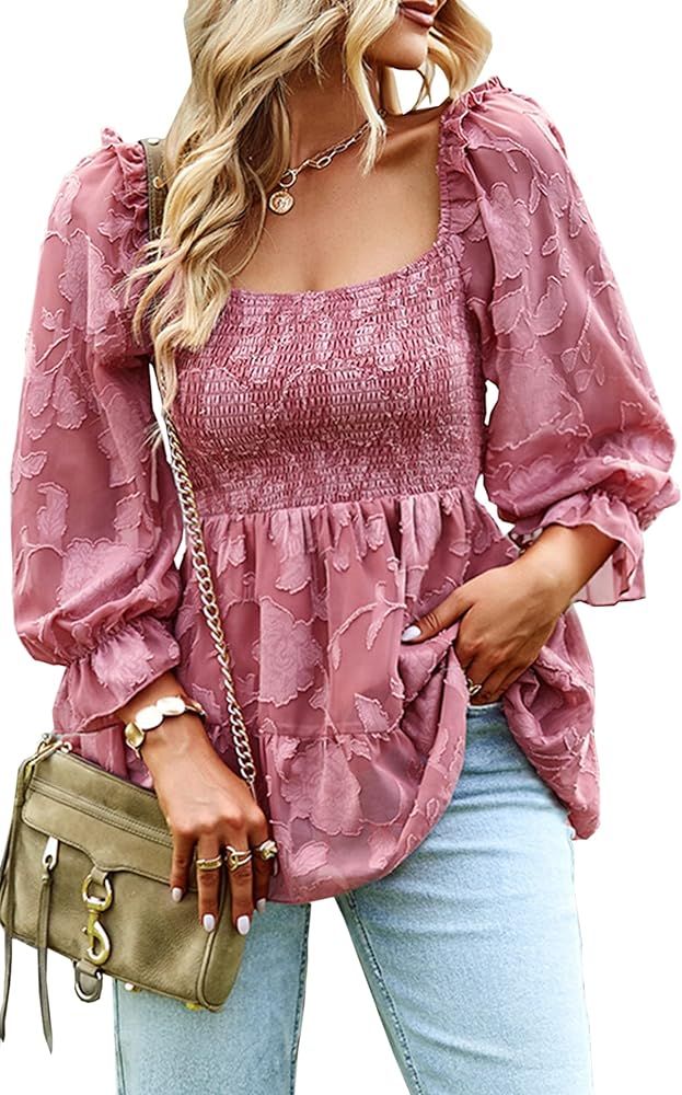 CCTOO Women's Blouses Square Neck Smocked 3/4 Sleeves Chiffon Floral Textured Babydoll Tunic Dres... | Amazon (US)