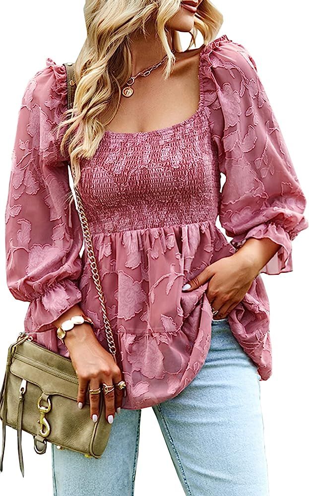 CCTOO Women's Blouses Square Neck Smocked 3/4 Sleeves Chiffon Floral Textured Babydoll Tunic Dres... | Amazon (US)