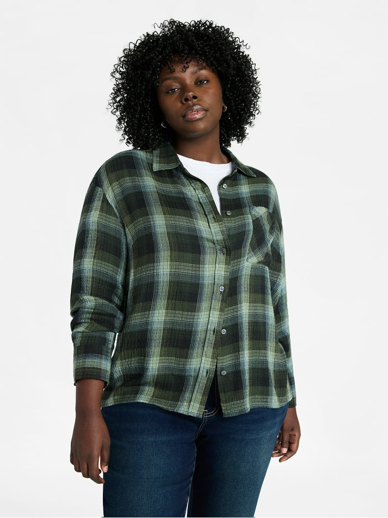 Terra & Sky Women's Plus Size Plaid Button Front Shirt, Sizes 0X-5X | Walmart (US)