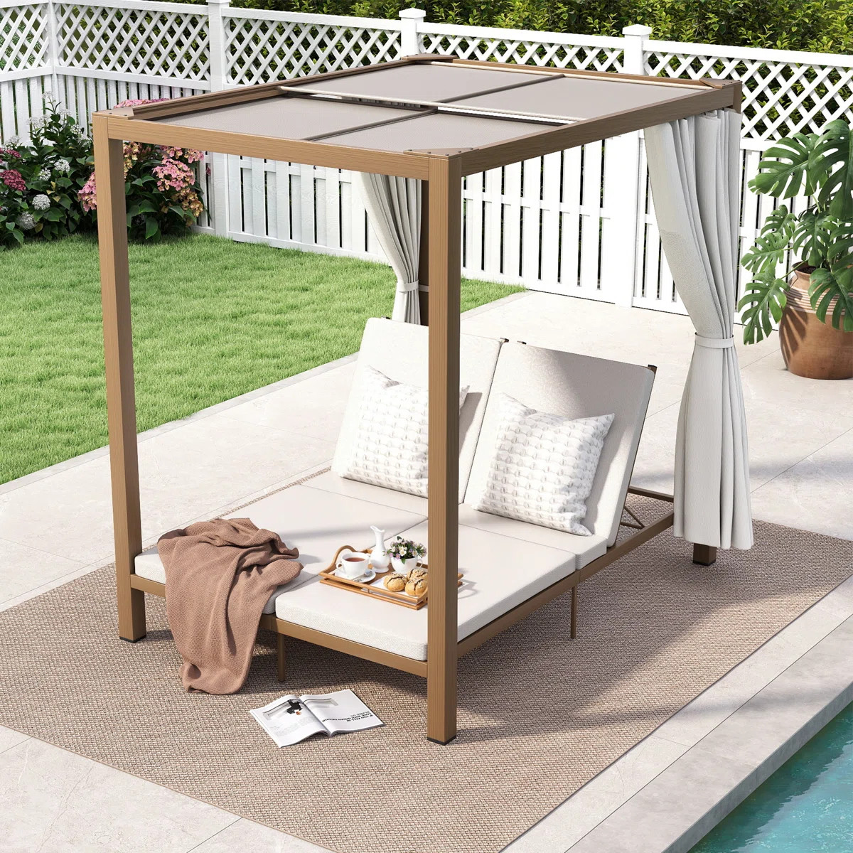 Zenith 1-Piece Aluminum Patio Double Lounger With Beige Cushions And Adjustable Canopy | Wayfair North America