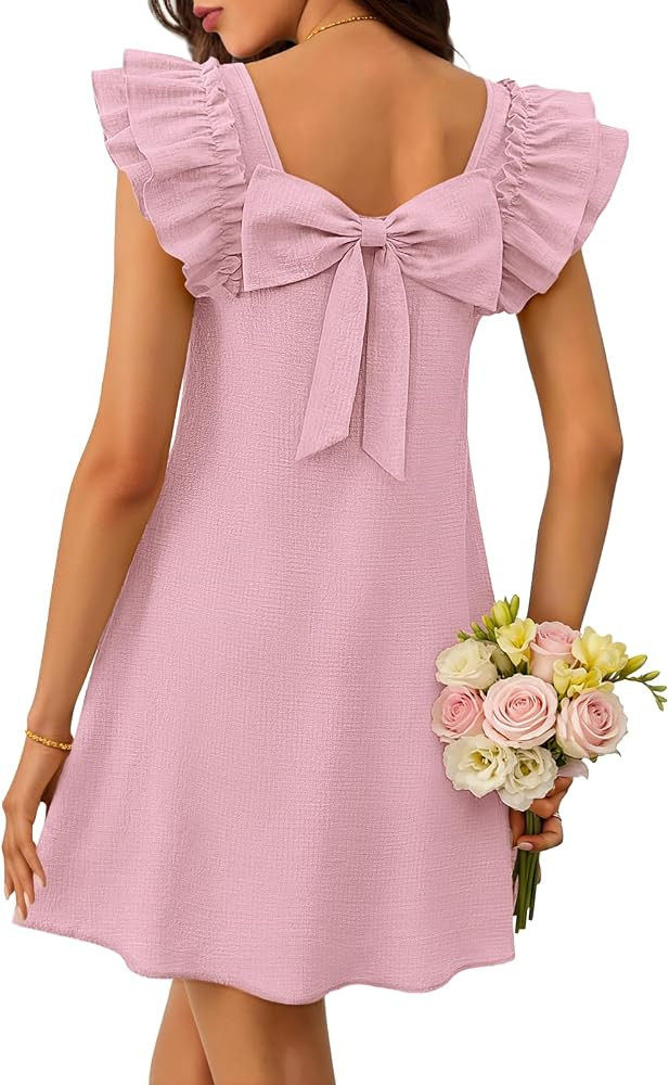 MEROKEETY Women's Fall Ruffle Sleeve Square Neck Bow Mini Dresses | Amazon (US)