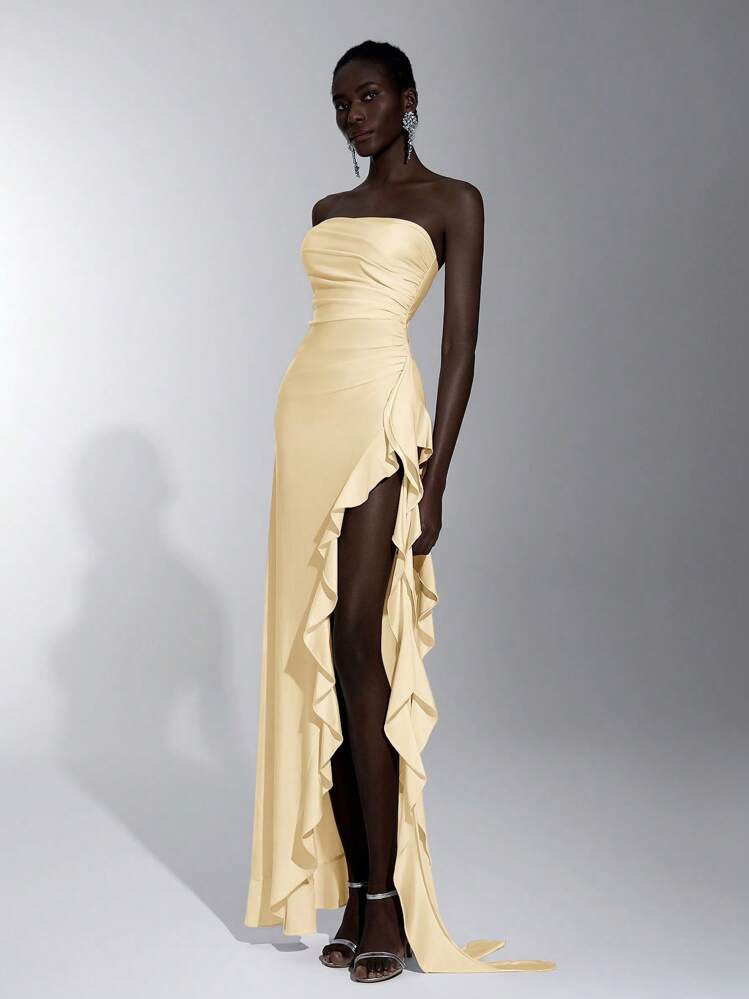 Elitara Elegant, Romantic, Sexy Knit Satin Strapless Ruched Bodycon Dress With Ruffle Trim And High Slit, Suitable For Dates, Parties, Bridesmaids | SHEIN