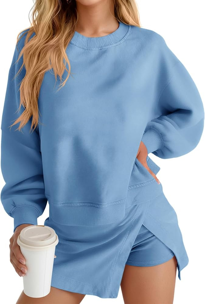 Fisoew 2 Piece Sets for Women Cotton Workout Sets Sweatshirt Top High Waisted Lined Split Athleti... | Amazon (US)